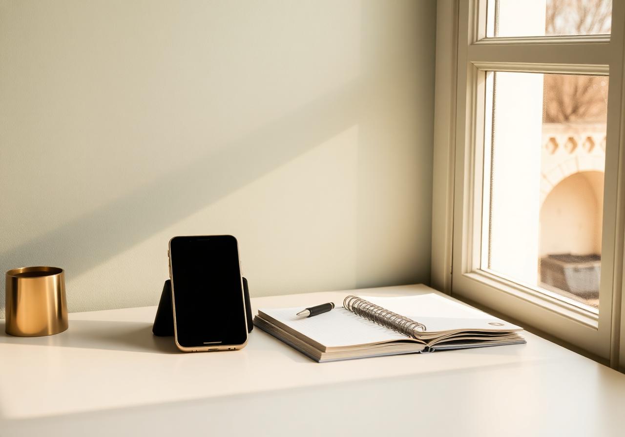 Calm desk by a window with notebook and phone